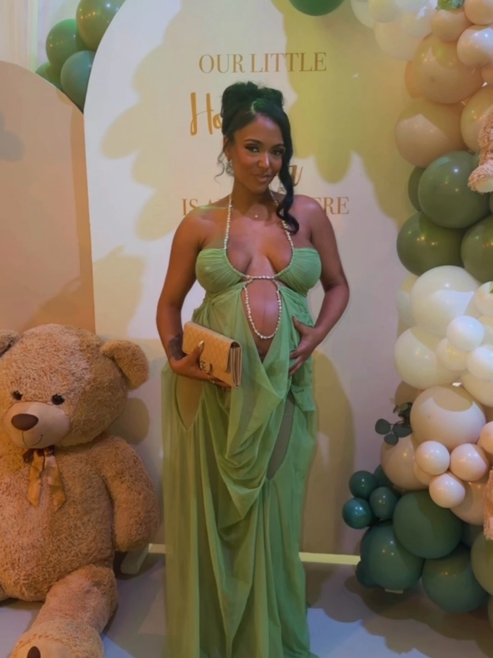 Elegant Green Maternity Gown with Beaded Detail